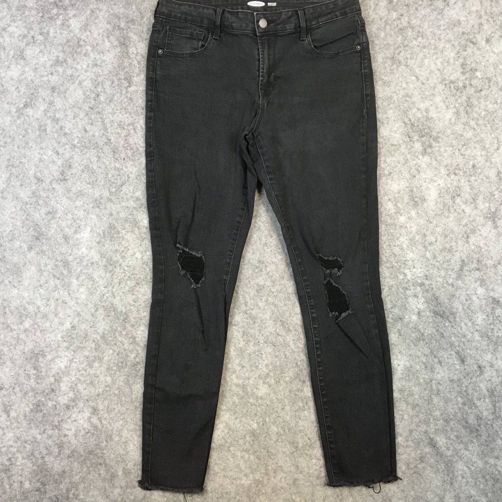 Old Navy Jeans 12 31 Rockstar Super Skinny Mid Rise Holes Raw Hem Black Distress